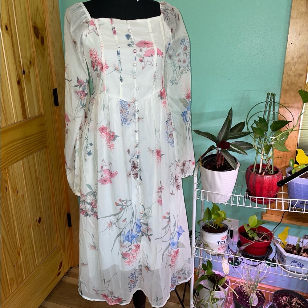 Floral Long Sleeve Square Neck Midi Dress - White/Pink